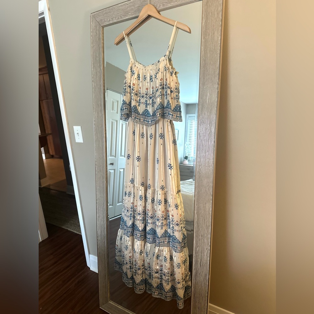 Joie 100% Silk Ivory And Blue Aztec Printed Maxi Dress Size XS